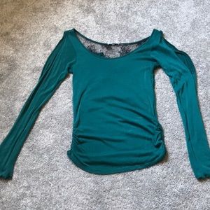 Open shoulder, lace back, long sleeve, teal blouse